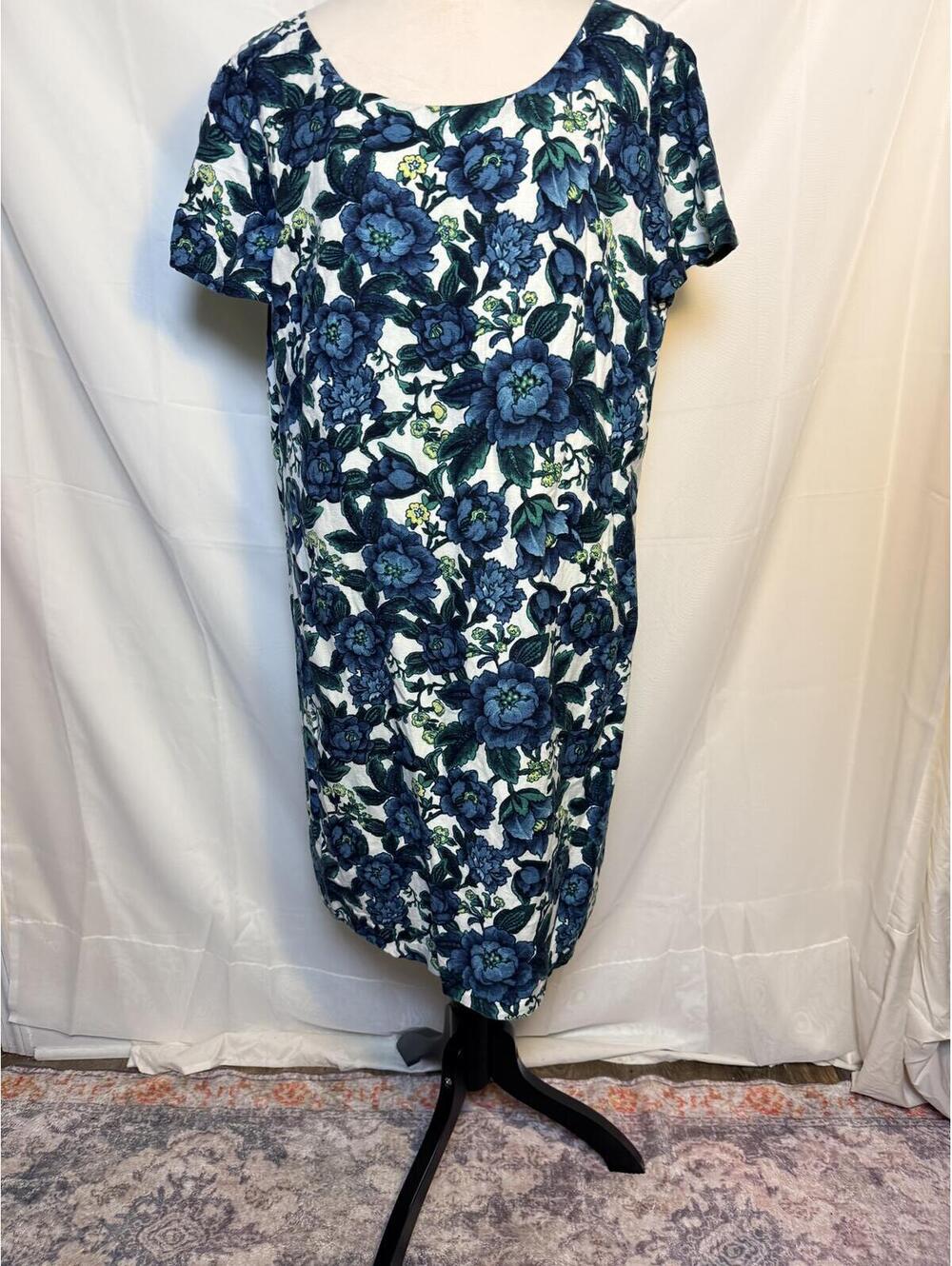 LOFT Blue Floral Linen Blend Shift Dress Size 16